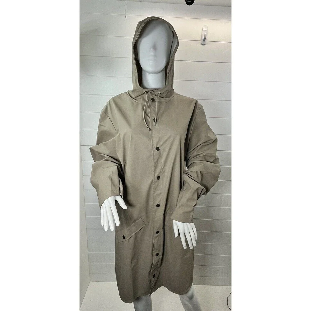RAINS Brand Unisex Sz Large Classic Taupe Long Waterproof Rain Jacket Snap Front - Picture 5 of 15